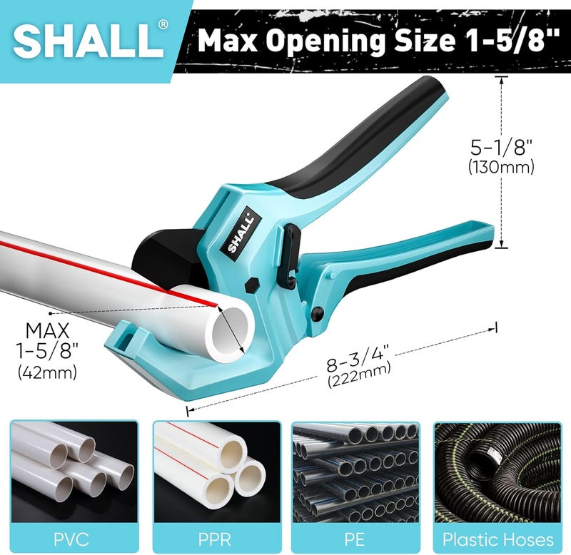 SHALL PVC Pipe Cutter, Cuts up to 1-5/8”, Heavy-Duty Aluminum Ratchet Pipe Cutter Tool for PVC, PPR, PE, PEX, Plastic Hoses & Plumbing Pipes, Fast Pipe Tube Cutters with High Performance SK5 Blade - Image 2